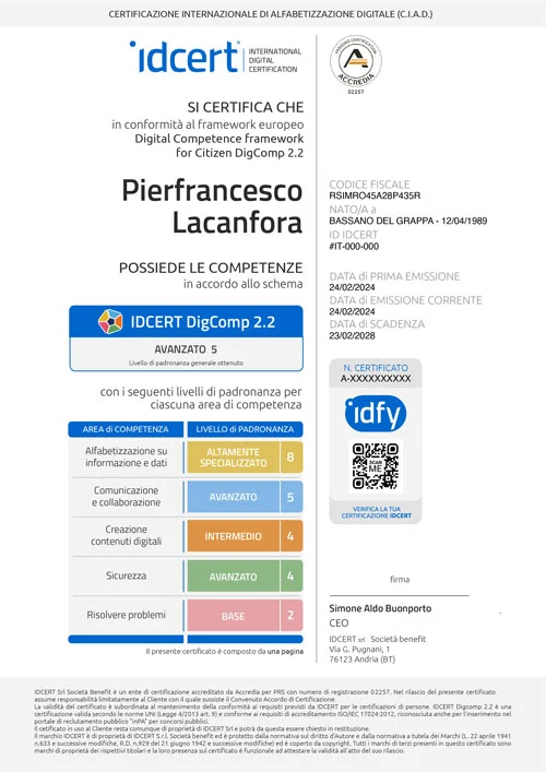 Fac-simile del certificato